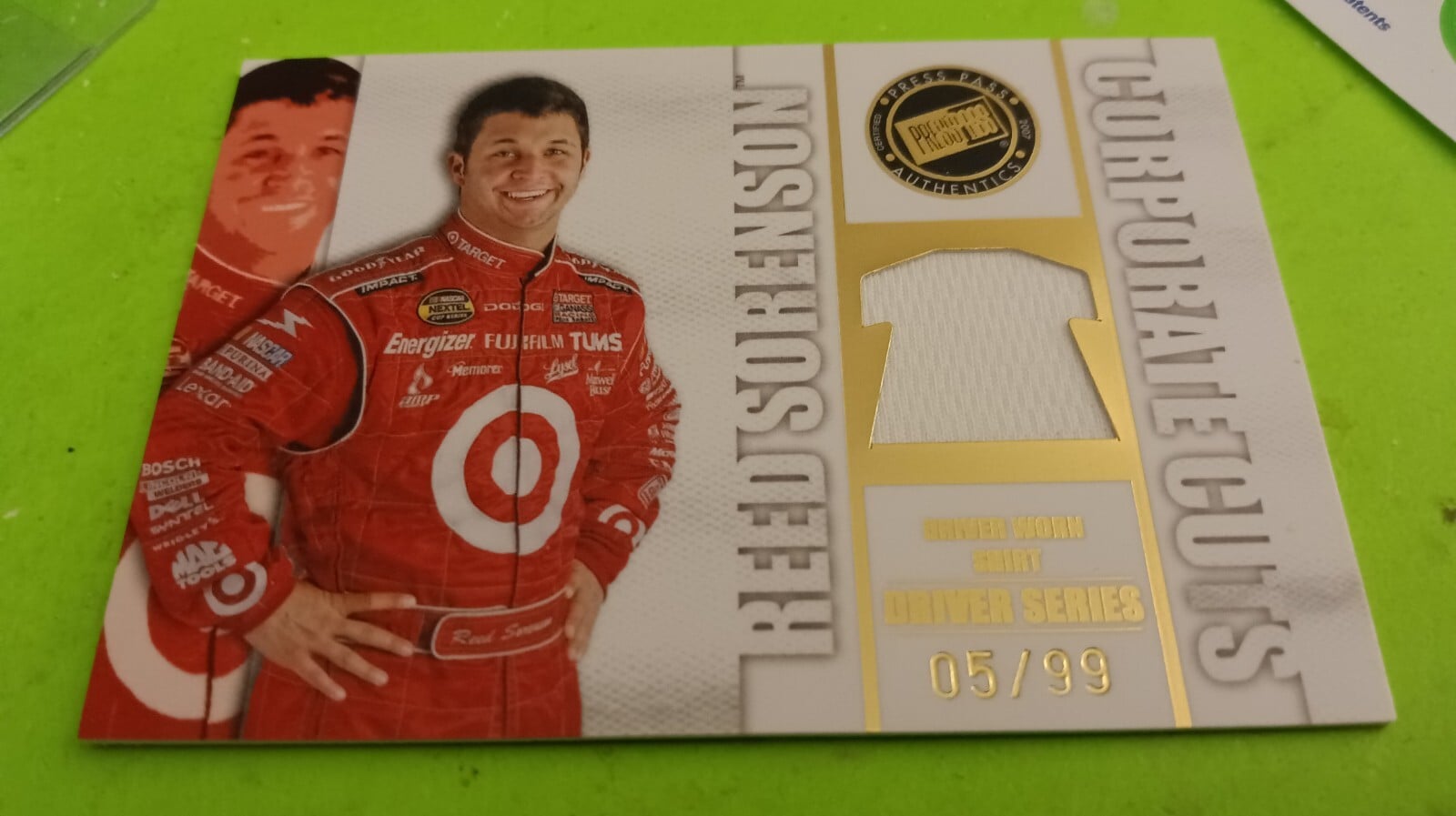 2007 Reed Sorenson Press Pass Corporate Cuts Driver-Worn Shirt Card  (5/99) MINT
